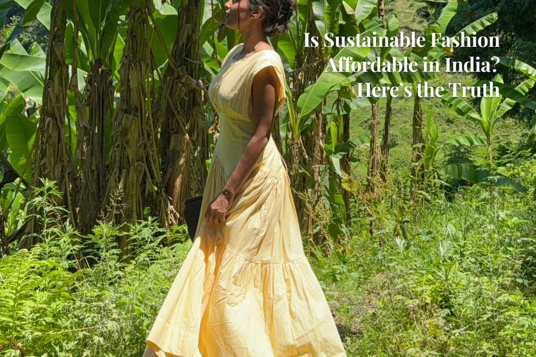 Yellow long gown sustainable dress standing in banana tree garden
