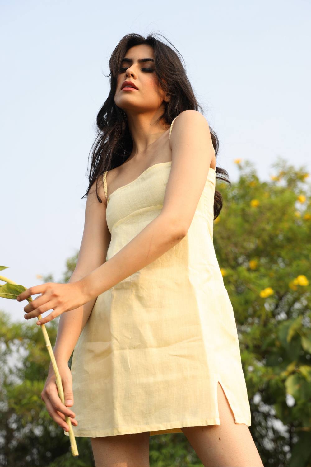 Yellow Cherry Pie Dress - Yellow Mini Dress with Slit & Braided Straps