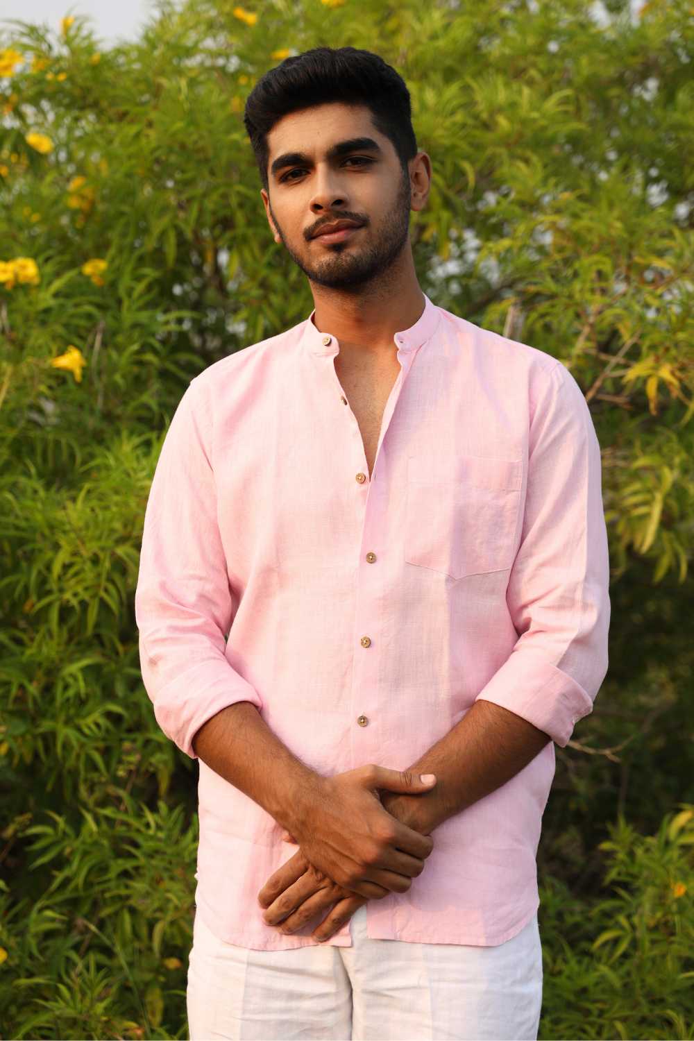 Short sleeve pink hemp shirt with Chinese collar