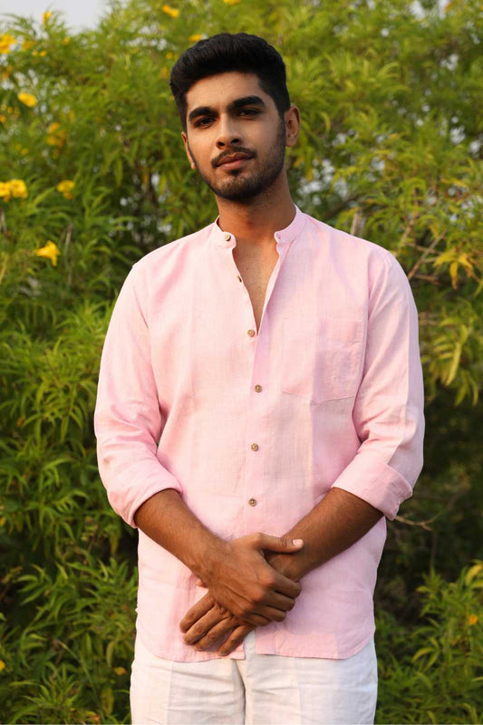 Short sleeve pink hemp shirt with Chinese collar