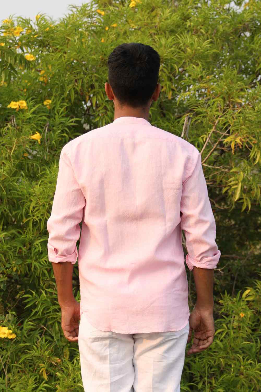 Short sleeve pink hemp shirt with Chinese collar