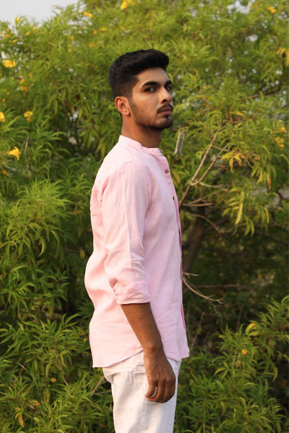 Full sleeve pink hemp shirt with Chinese collar