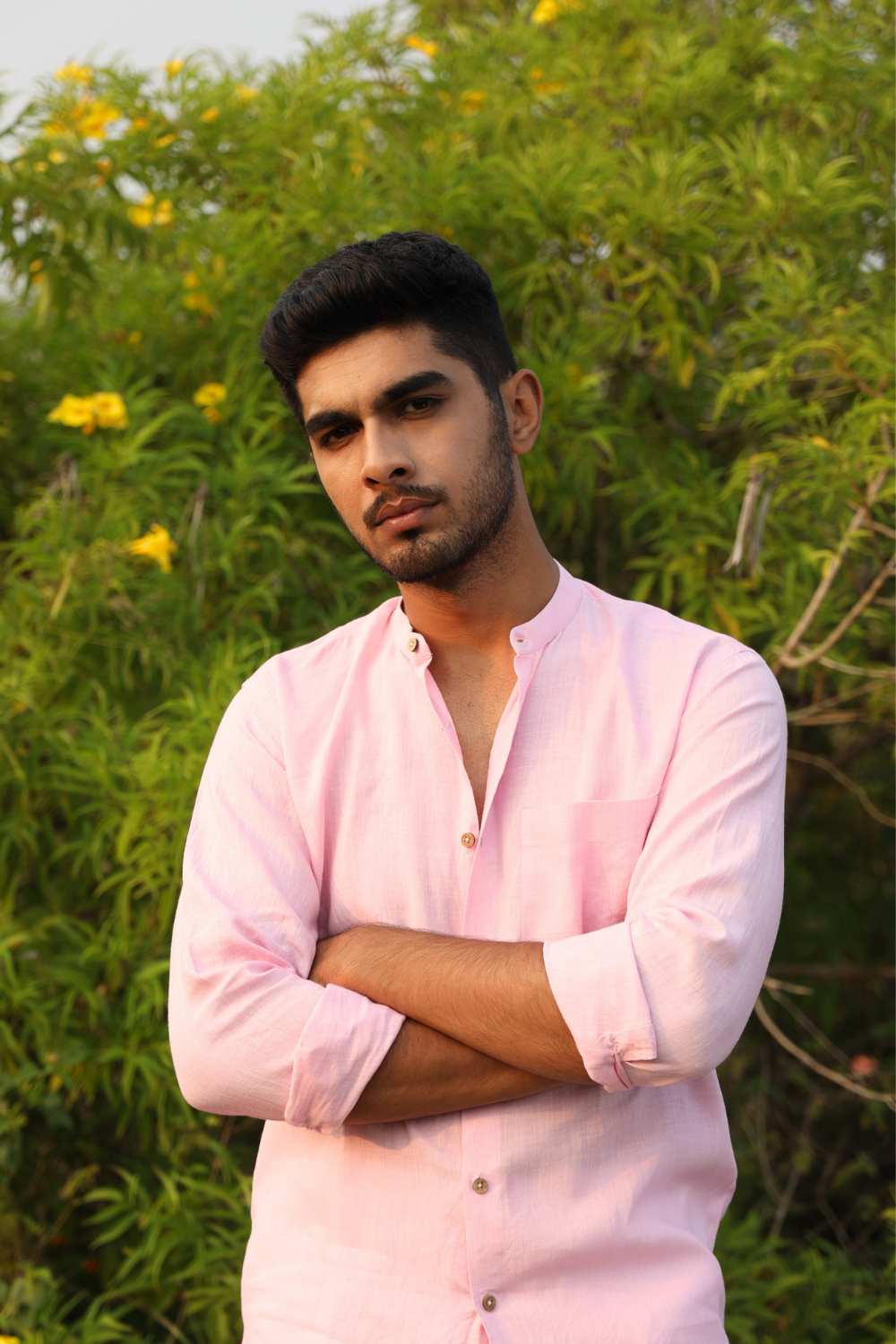 Full sleeve pink hemp shirt with Chinese collar