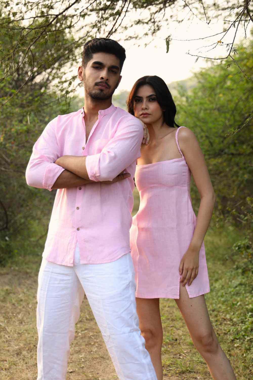 Full sleeve pink hemp shirt with Chinese collar