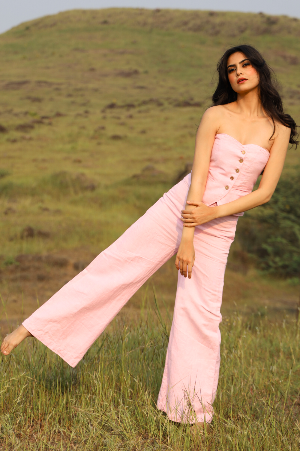 Pink Candy pantsuit styled on model
