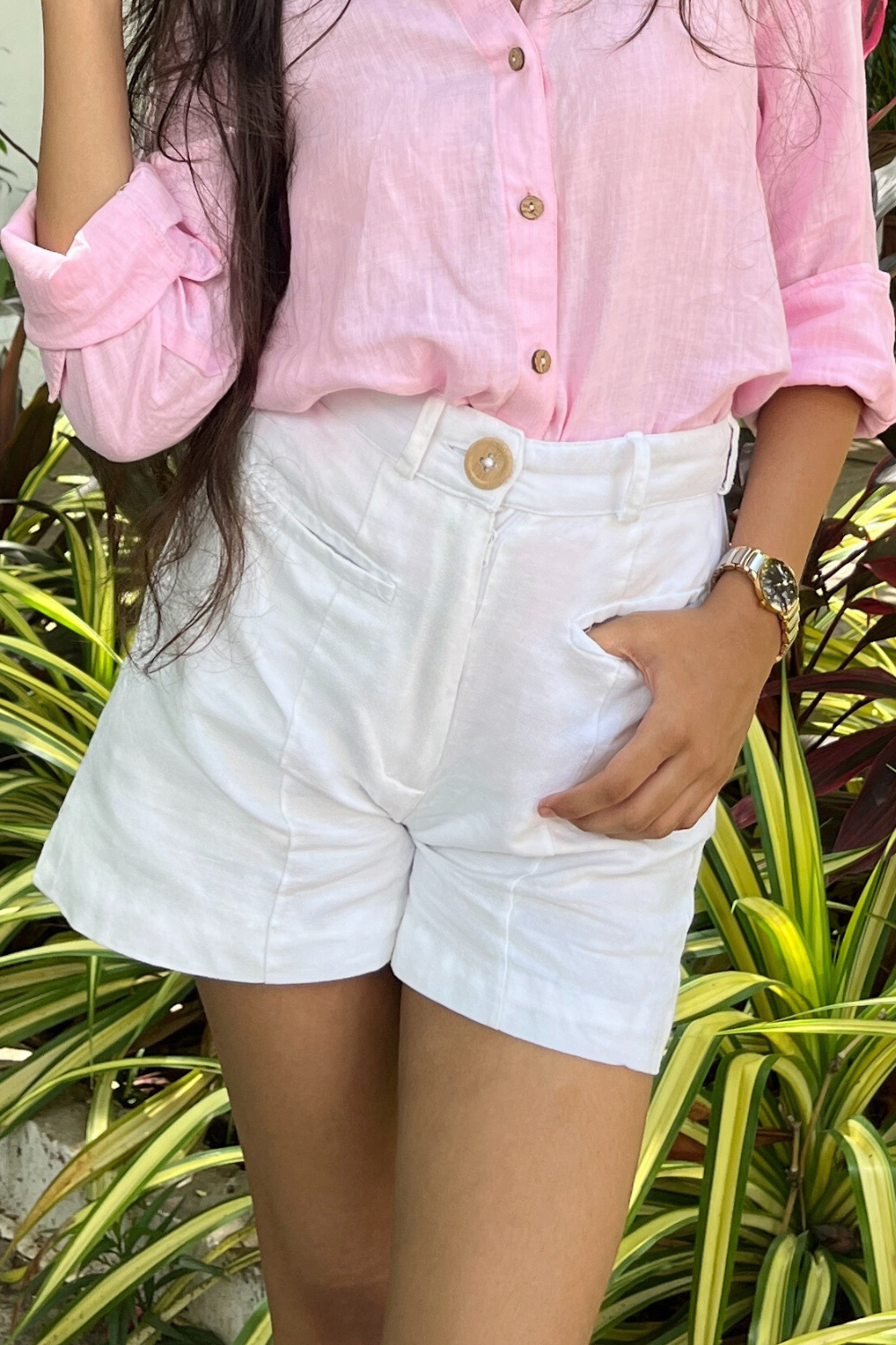 Cindy White Shorts - Casual Hemp Shorts with Wooden Buttons