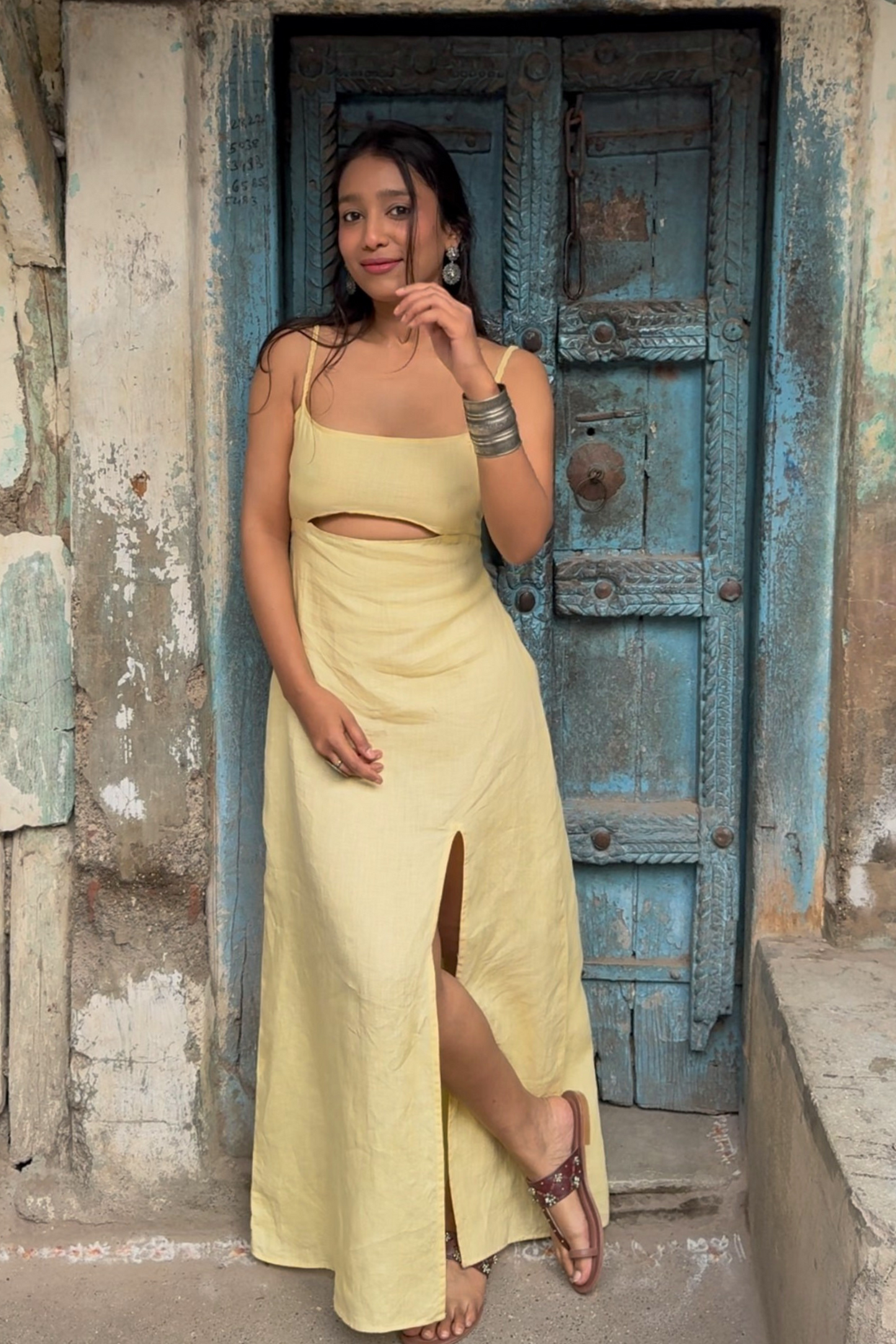 Eco-friendly Hemp Cotton Lemon Haze Dress with Playful Thigh-high Slit