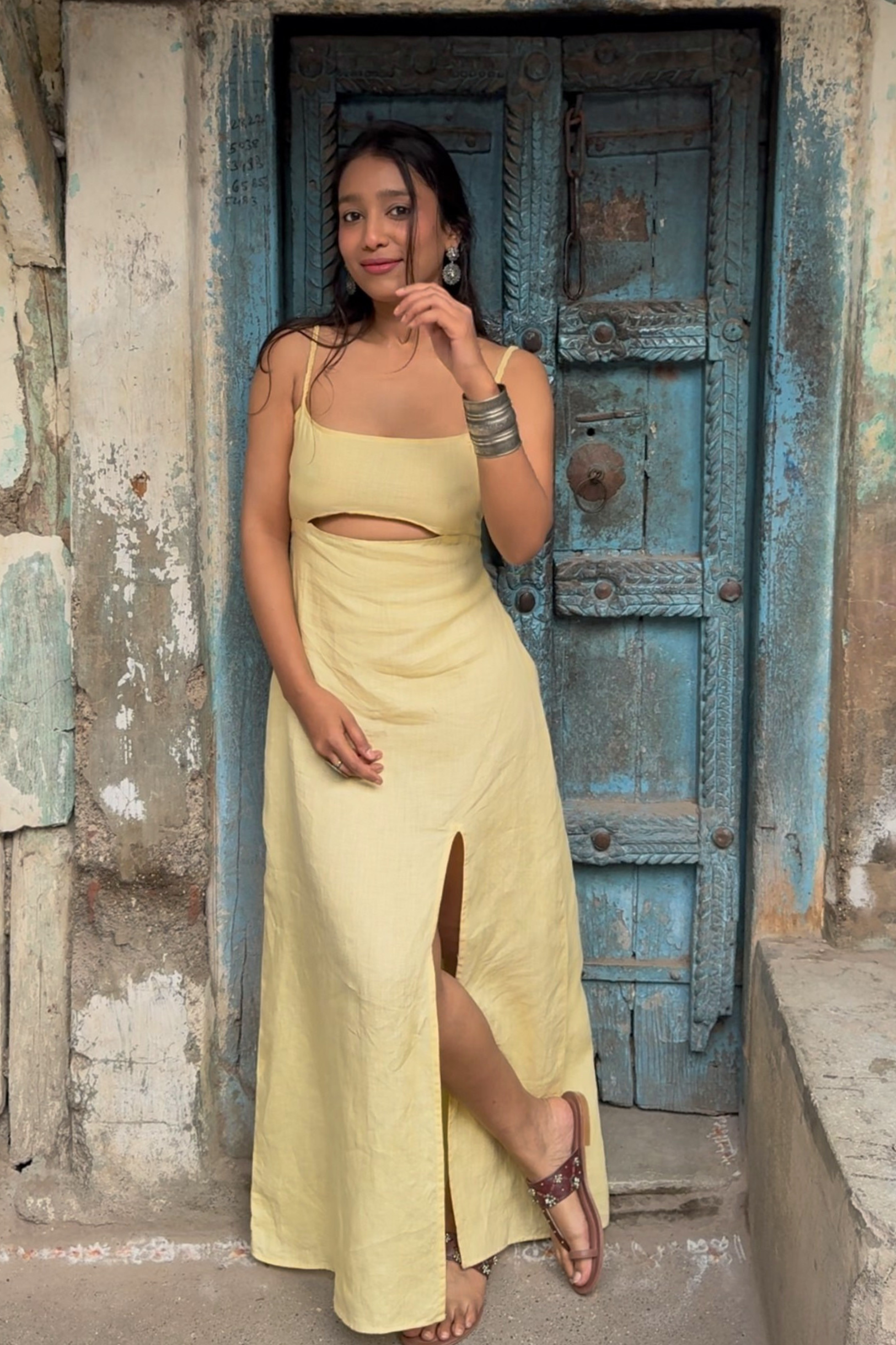Eco-friendly Hemp Cotton Lemon Haze Dress with Playful Thigh-high Slit