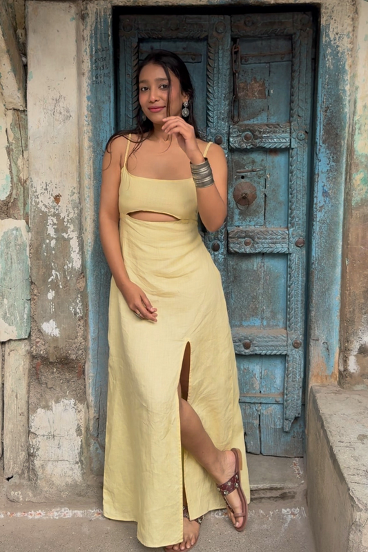 Eco-friendly Hemp Cotton Lemon Haze Dress with Playful Thigh-high Slit
