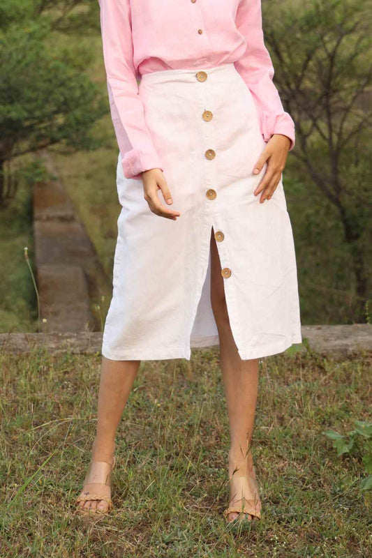 White midi hemp skirt with wooden buttons front view
