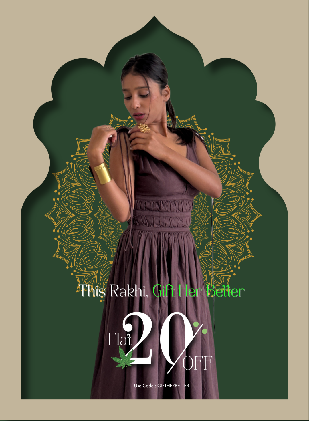 Woman in a brown dress with decorative elements and text overlay on a beige background