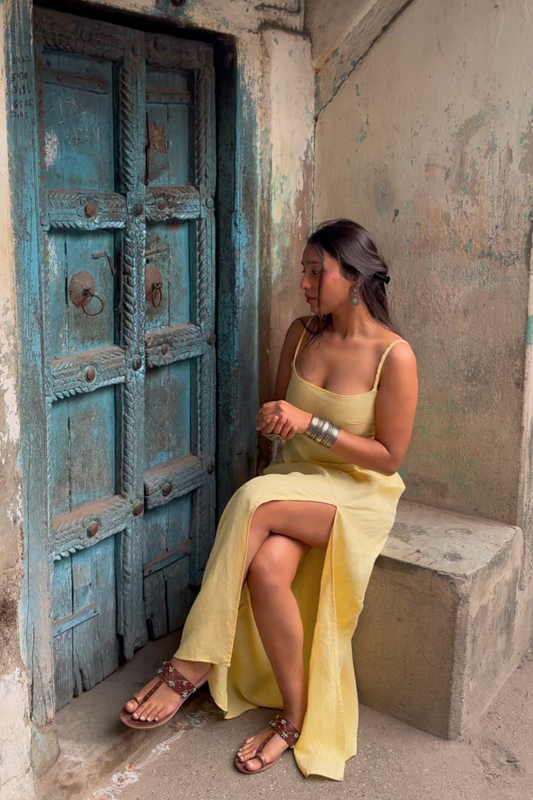 Lemon Haze Dress - Yellow Summer Dress with Thigh-high Slit & Braided Straps